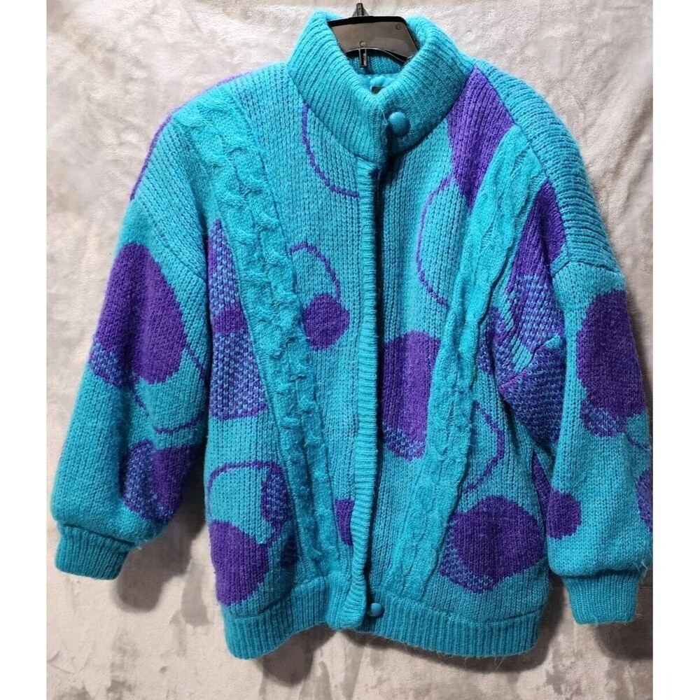 Fleet Street Knit Sweater Jacket Women's M Teal/Purple Heavy Vintage 80s